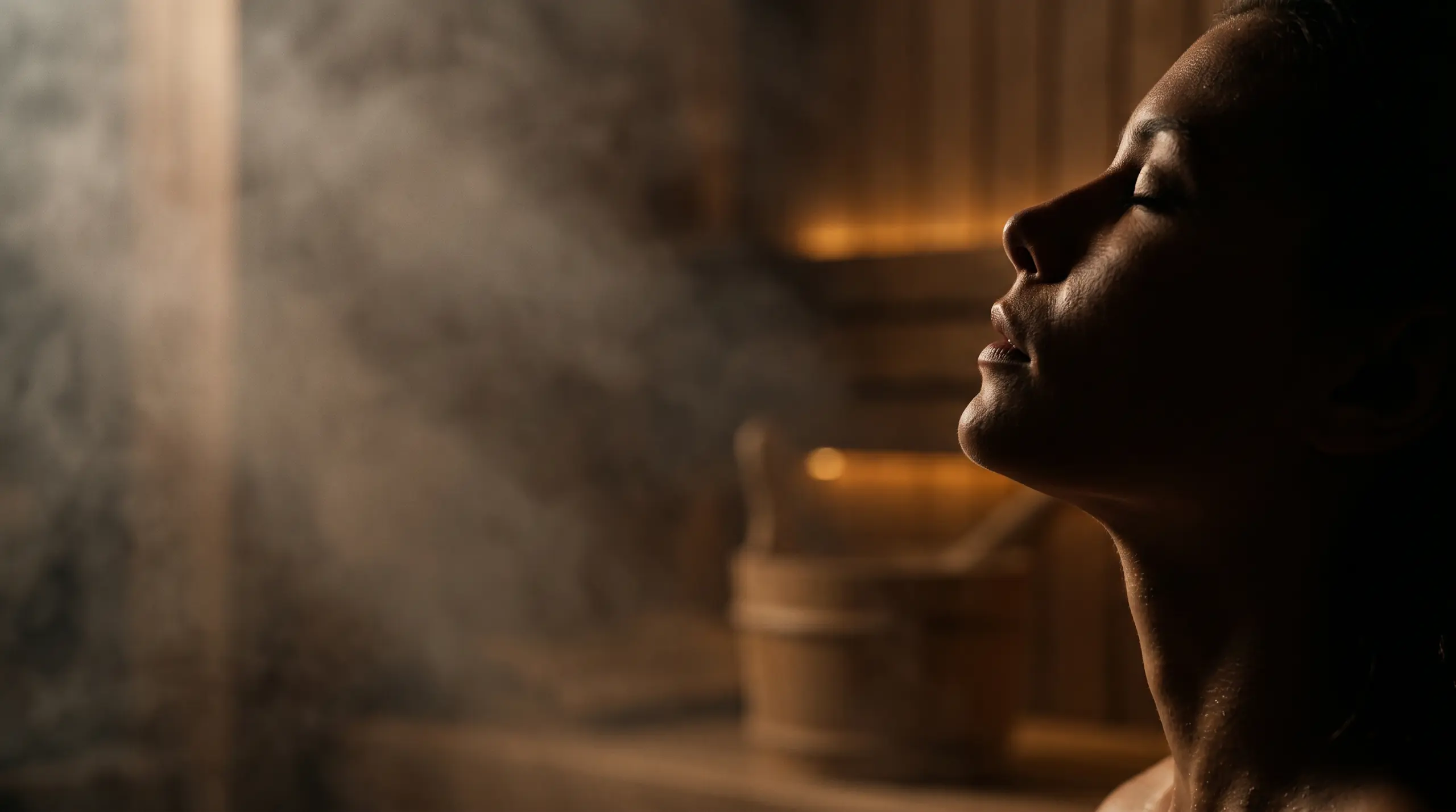 Vapeur tamisée d'un sauna baigné de lumière chaude