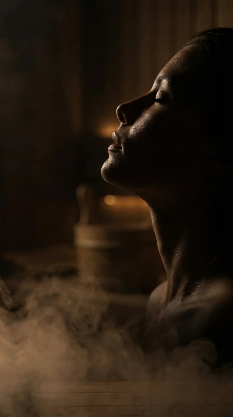 Vapeur tamisée d'un sauna baigné de lumière chaude